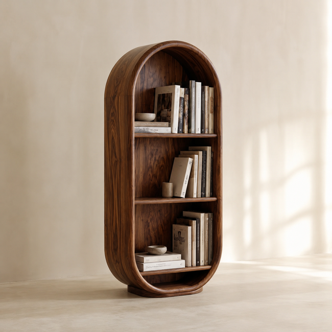 Arched Wood Bookshelf – Solid Wood Display Cabinet for Living Room Decor Hover Image