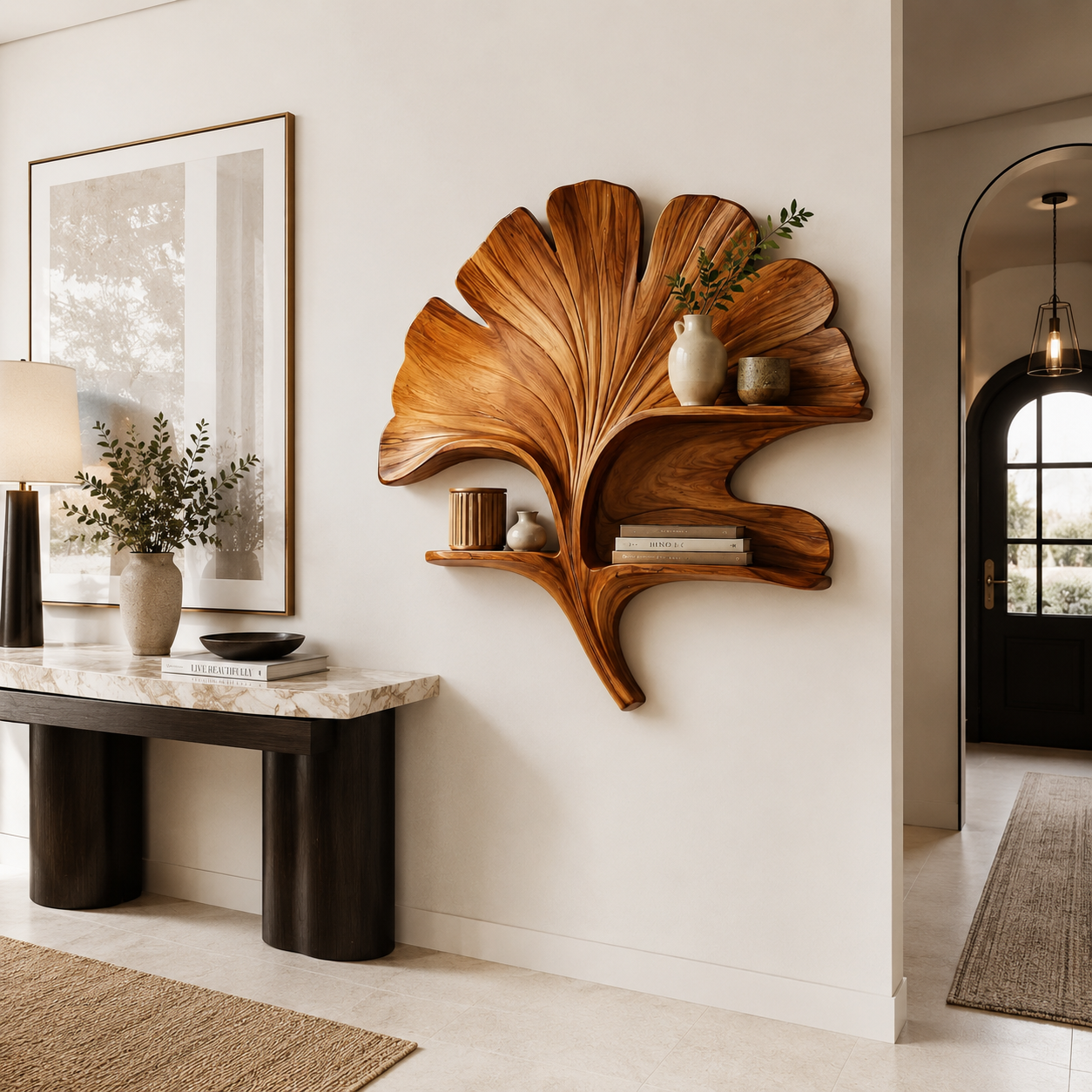 Ginkgo Leaf Wood Wall Art – Solid Wood Floating Shelf for Living Room Decor