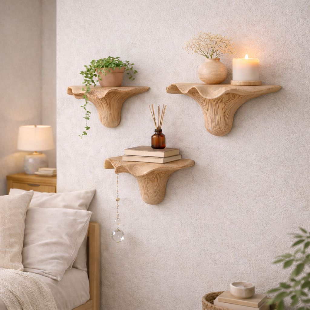 Small Organic Wooden Floating Wall Shelves – Sculptural Display Set