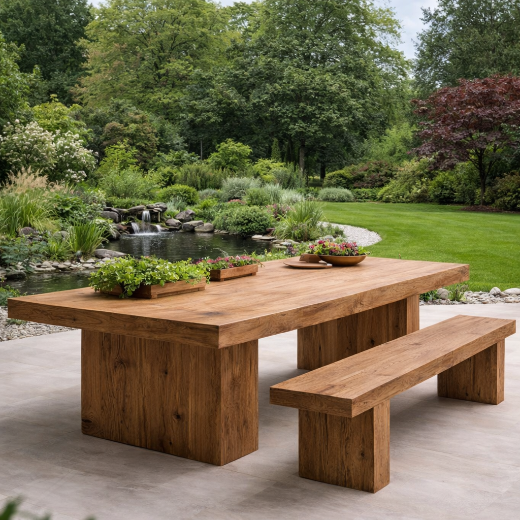 Outdoor Dining Set – Solid Wood Table with Benches for Garden and Patio