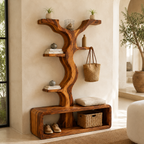 Wave Tree Entryway Hall Tree – Solid Wood Coat Rack Bench with Shelves and Shoe Storage