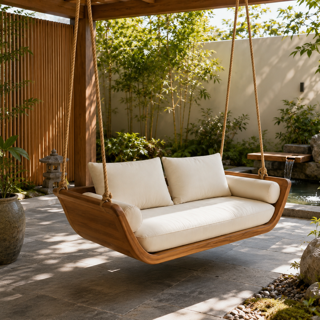 Wood Hanging Swing Sofa – Solid Wood Porch Swing with Cushions for Outdoor Decor