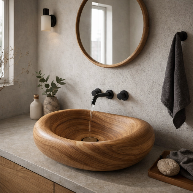 Hand-Carved Solid Wood Vessel Sink – Organic Round Bathroom Basin Hover Image