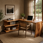L Shaped Wood Desk – Solid Wood Computer Desk with Storage Shelf for Home Office Decor