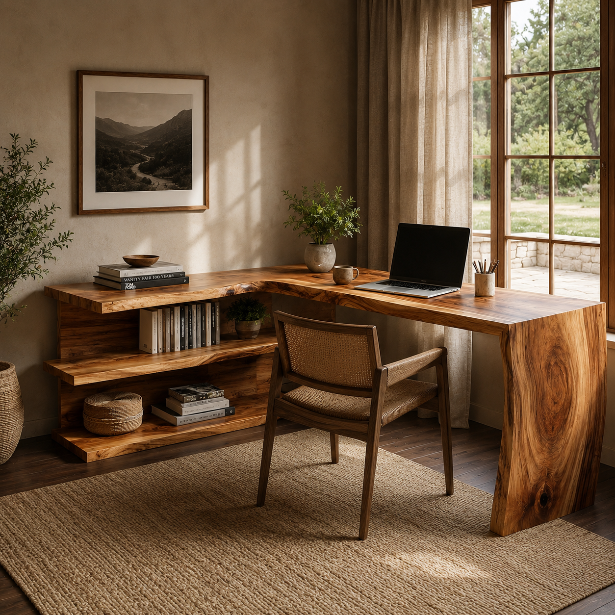 L Shaped Wood Desk – Solid Wood Computer Desk with Storage Shelf for Home Office Decor