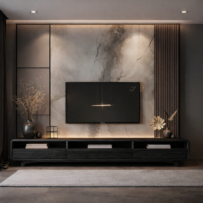 Solid Wood Curved Media Console – Low Profile TV Stand Main Image