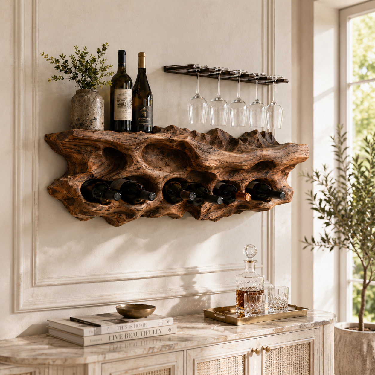 Wall-Mounted Wine Rack – Solid Wood Bottle Holder for Home Bar