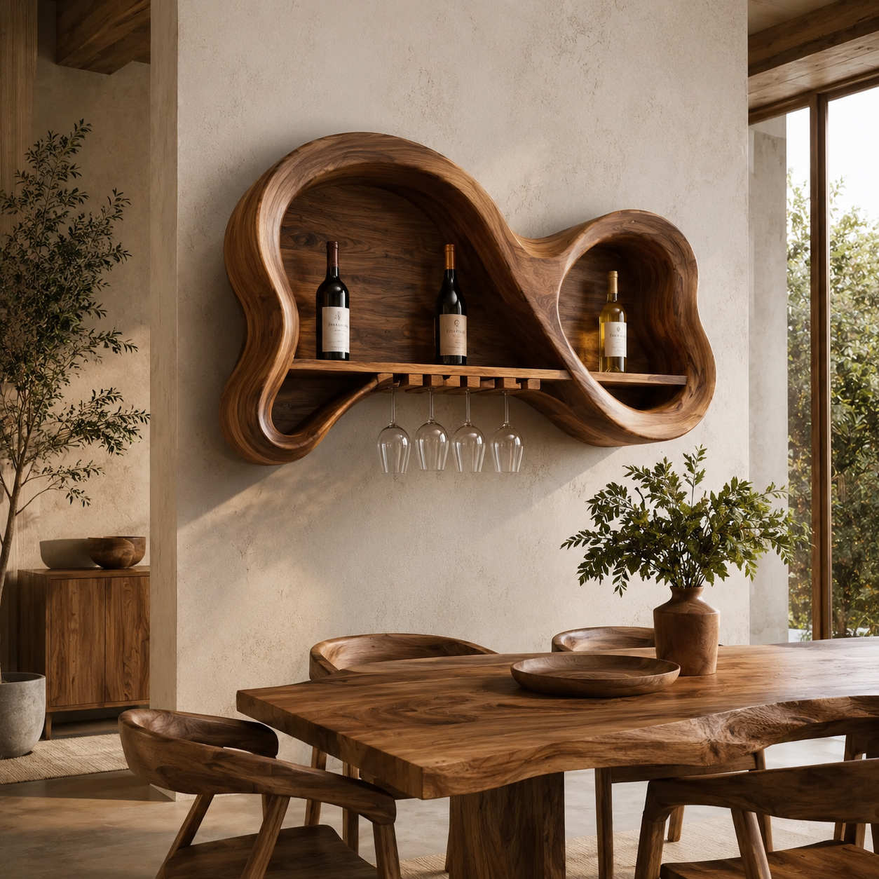 Wall-Mounted Wine Rack – Solid Wood Bottle Holder with Glass Storage