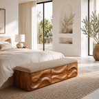 Wave Carved Wood Bedroom Bench – Solid Wood End of Bed Storage Bench with Upholstered Cushion