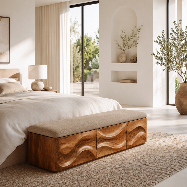 Wave Carved Wood Bedroom Bench – Solid Wood End of Bed Storage Bench with Upholstered Cushion Main Image