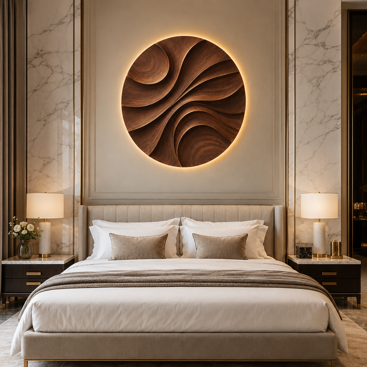 Round Wood Wall Art – Solid Wood Backlit Wall Decor for Bedroom Decor