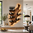 Live Edge Wood Wine Rack – Solid Wood Backlit Bottle Display Shelf for Kitchen Decor