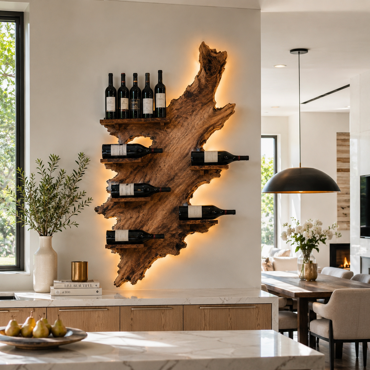 Live Edge Wood Wine Rack – Solid Wood Backlit Bottle Display Shelf for Kitchen Decor