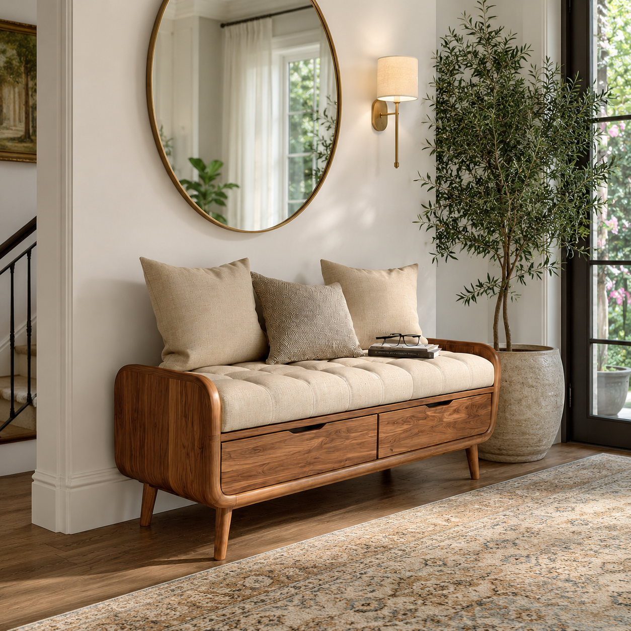 Wood Storage Bench with Cushion – Solid Wood Entryway Bench with Drawers for Home Decor