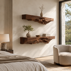Rustic Wood Floating Shelves – Solid Wood Wall Shelf Set for Living Room Decor