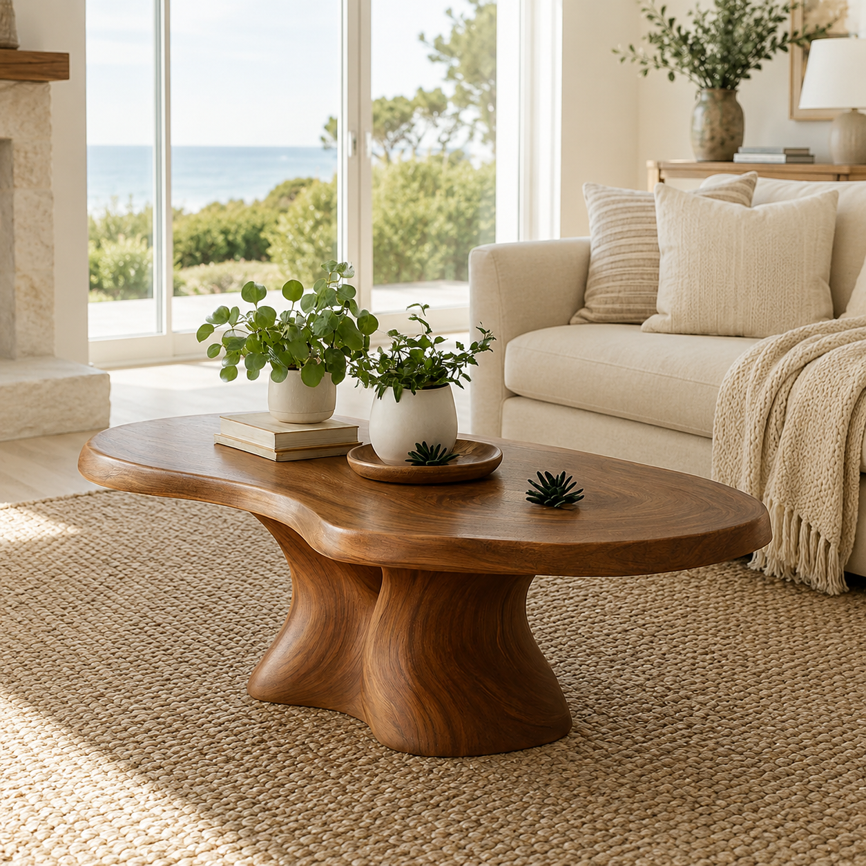 Organic Pedestal Solid Wood Coffee Table – Sculptural Center Table