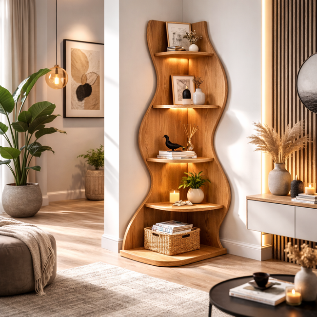 Corner Bookcase – Sculptural Solid Wood Display Shelf Hover Image