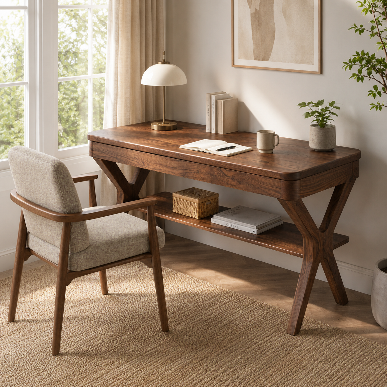 Solid Wood Writing Desk – Wooden Office Desk with Lower Storage Shelf for Home Office Decor