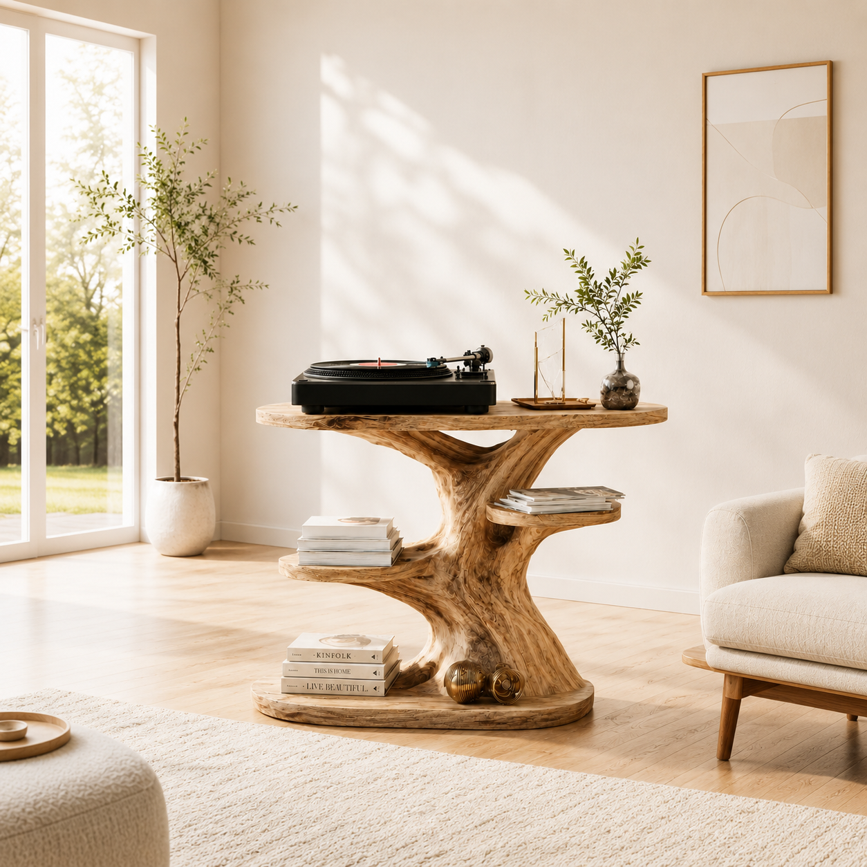 Sculptural Wooden Record Player Stand – Solid Wood Turntable Table with Vinyl Storage