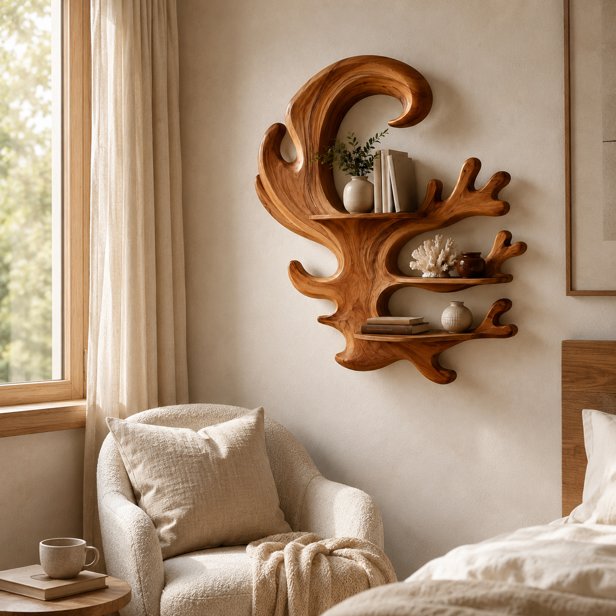 Antler Wood Wall Shelf – Solid Wood Floating Display Shelf for Rustic Living Room Decor