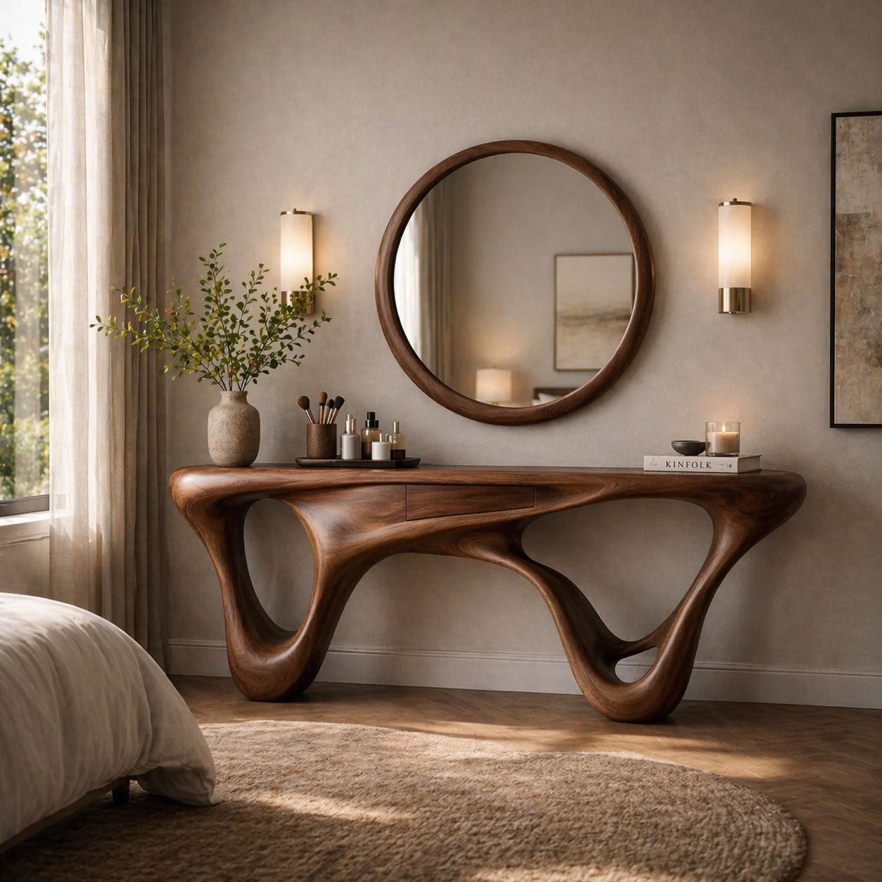 Sculptural Console Table – Wooden Entryway Table with Round Mirror