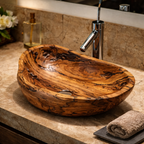 Hand-Carved Solid Wood Vessel Sink – Natural Grain Bathroom Basin