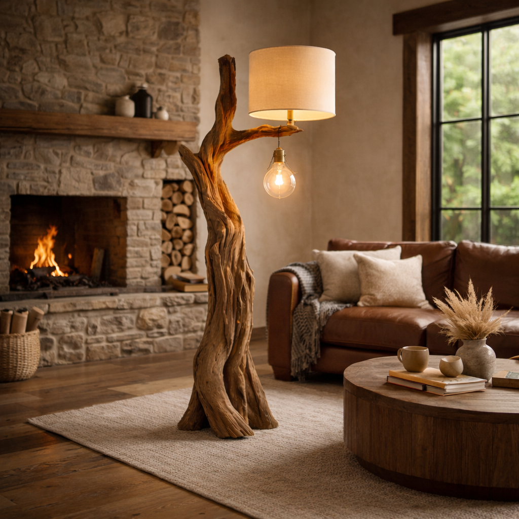 Sculptural Standing Lamp – Solid Wood Floor Light for Living Room Decor