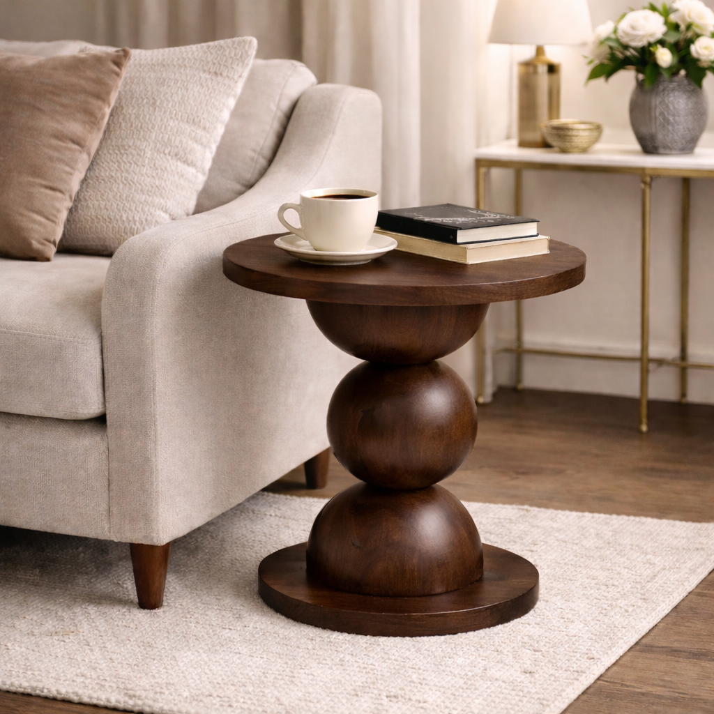 Pedestal Side Table – Sculptural Solid Wood Table with Stacked Sphere Base
