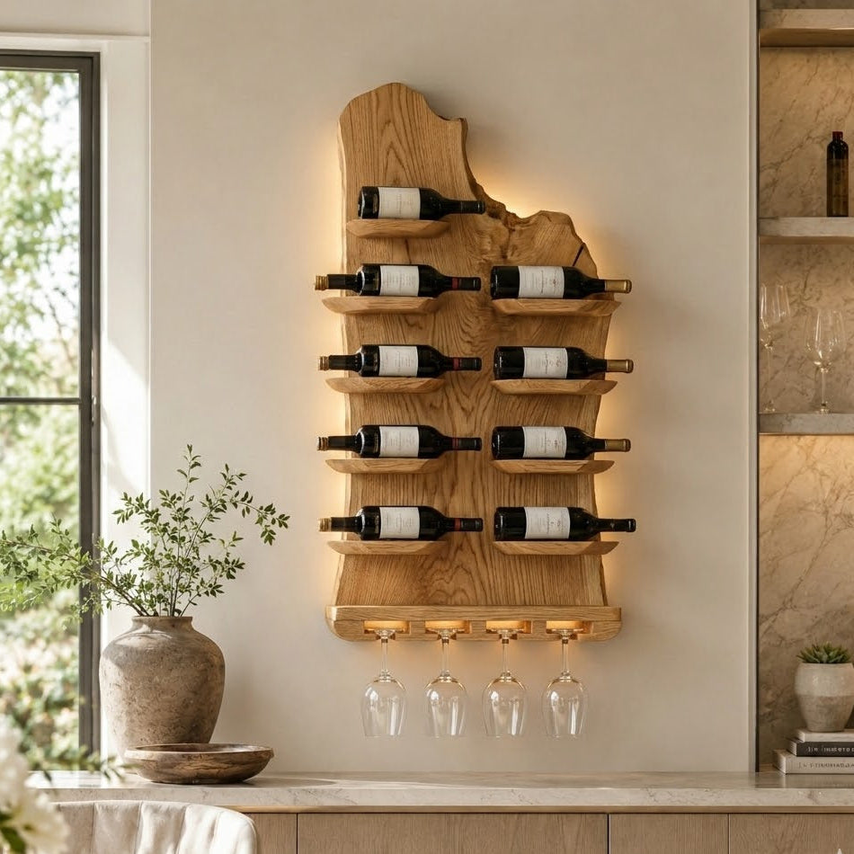 Wall-Mounted Wine Rack – Solid Wood Bottle Holder with Glass Storage