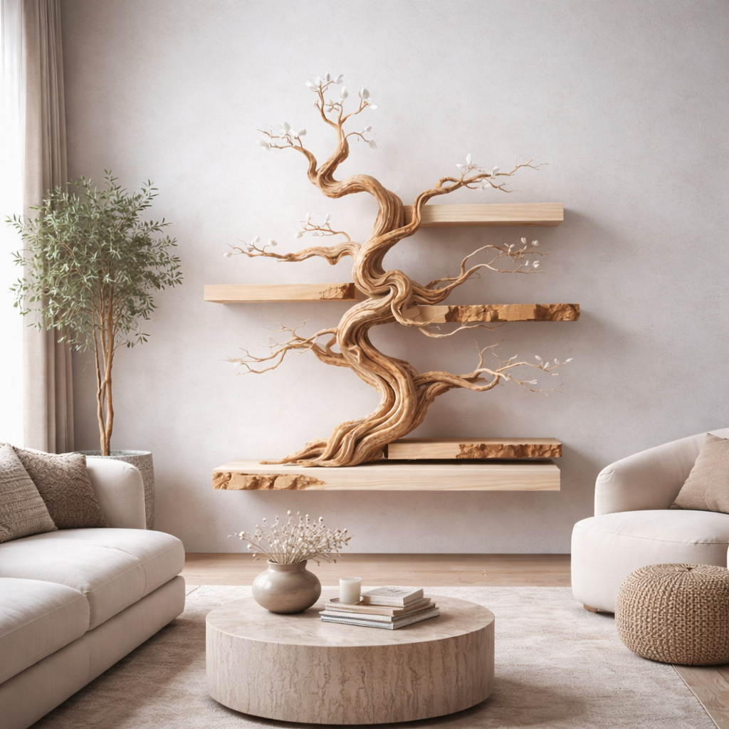Bonsai Tree Wall Shelf – Wooden Floating Shelf Decor