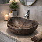 Hand-Carved Solid Wood Vessel Sink – Natural Grain Bathroom Basin