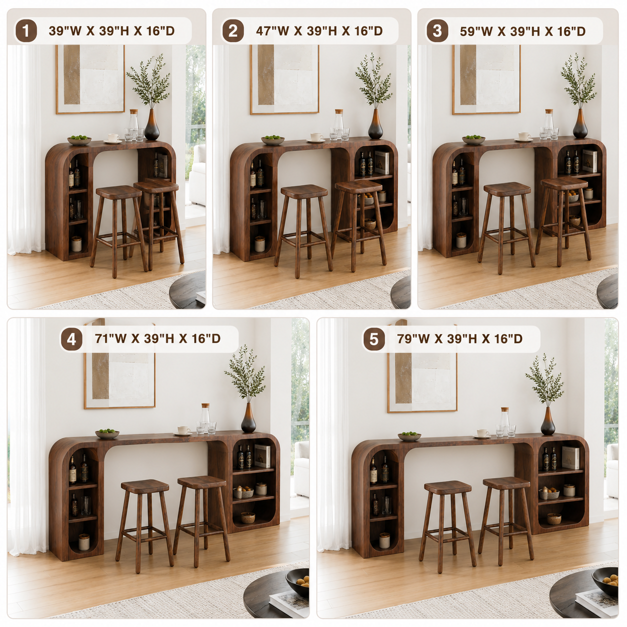 Curved Wood Bar Table Set – Solid Wood Breakfast Bar with Storage Shelves and Stools