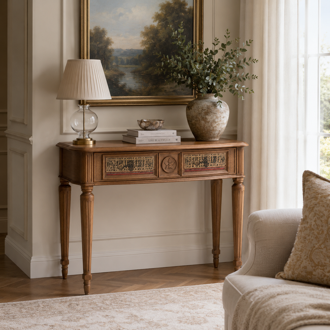 Heritage Wood Vanity Table with Upholstered Stool Hover Image