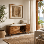 Wood Entryway Storage Bench – Solid Wood Shoe Bench with Cushion and Carved Cabinet Doors