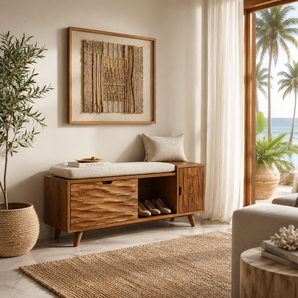 Wood Entryway Storage Bench – Solid Wood Shoe Bench with Cushion and Carved Cabinet Doors