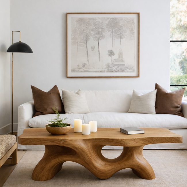 Sculptural Wave Solid Wood Coffee Table – Handcrafted Organic Curved Design Hover Image
