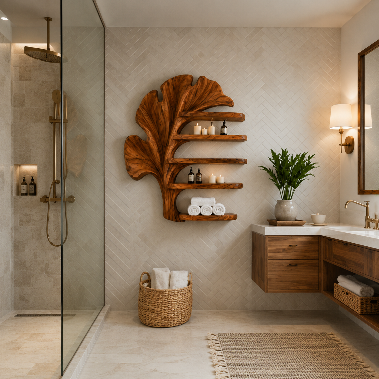 Ginkgo Leaf Wood Bathroom Shelf – Solid Wood Wall Mounted Display Shelf for Bathroom Decor