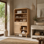 Rounded Wood Bathroom Storage Cabinet – Solid Wood Linen Cabinet with Shelves for Bathroom Decor