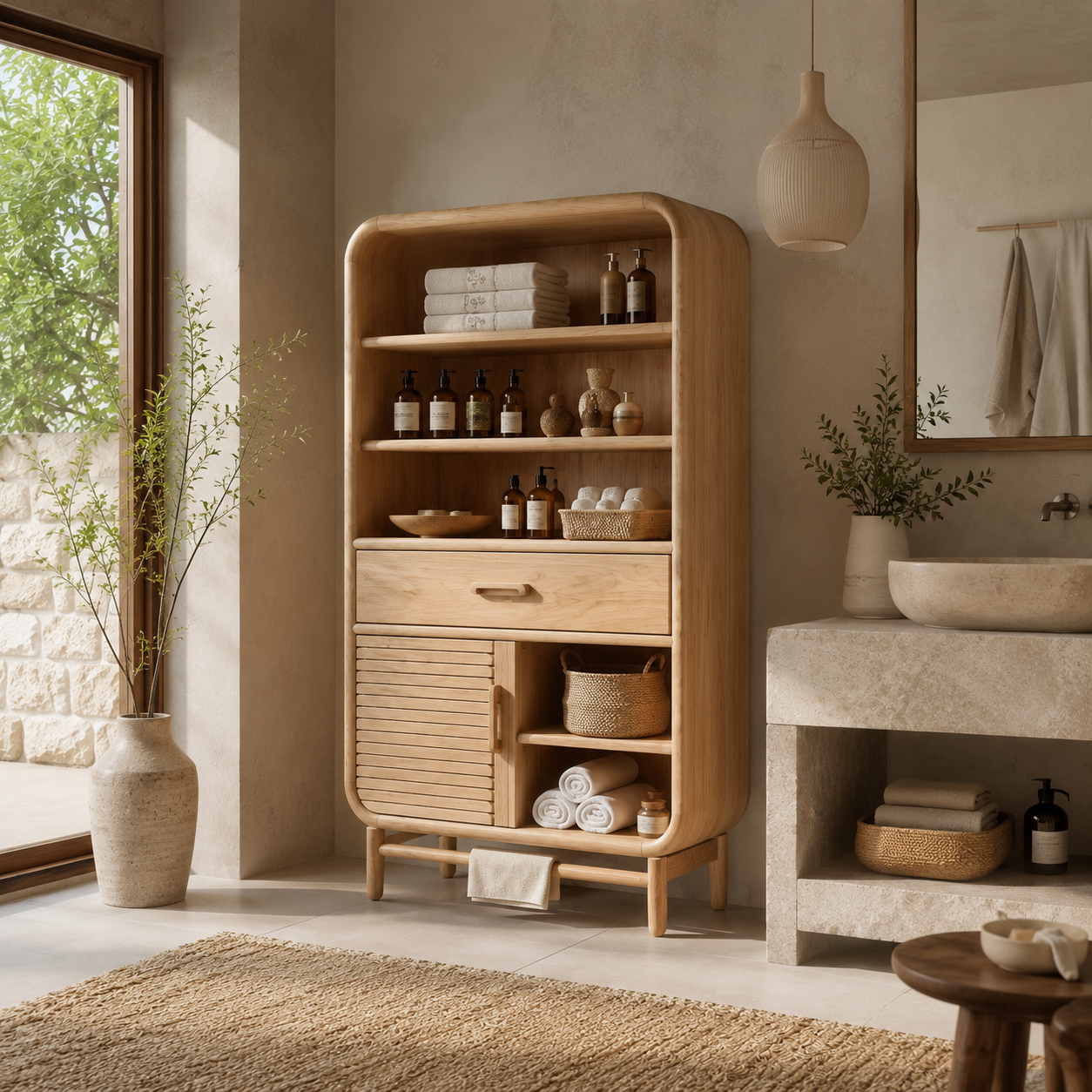Rounded Wood Bathroom Storage Cabinet – Solid Wood Linen Cabinet with Shelves for Bathroom Decor