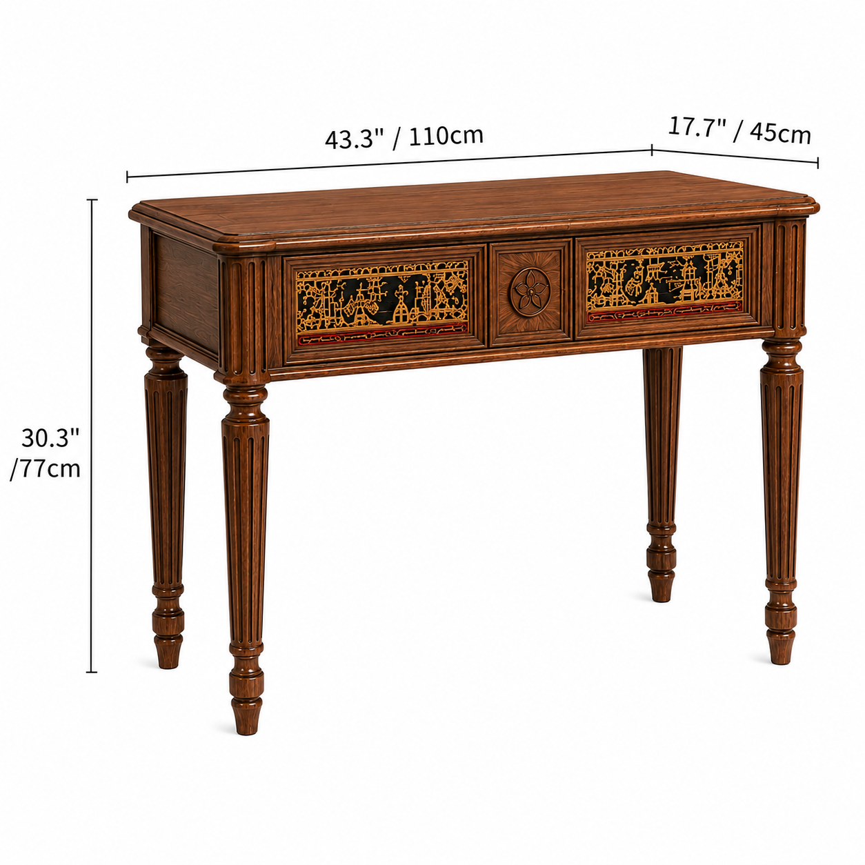 Classic Carved Wood Vanity Table with X-Frame Stool