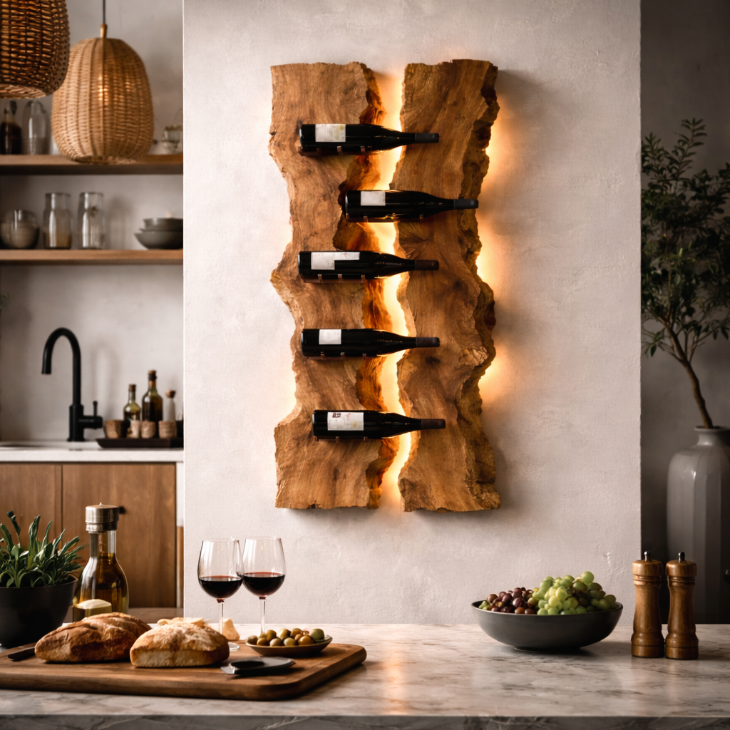 Wall-Mounted Wine Rack – Sculptural Solid Wood Bottle Holder with LED Lighting