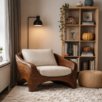 Curved Solid Wood Lounge Chair with Cushion – Organic Modern Accent Chair