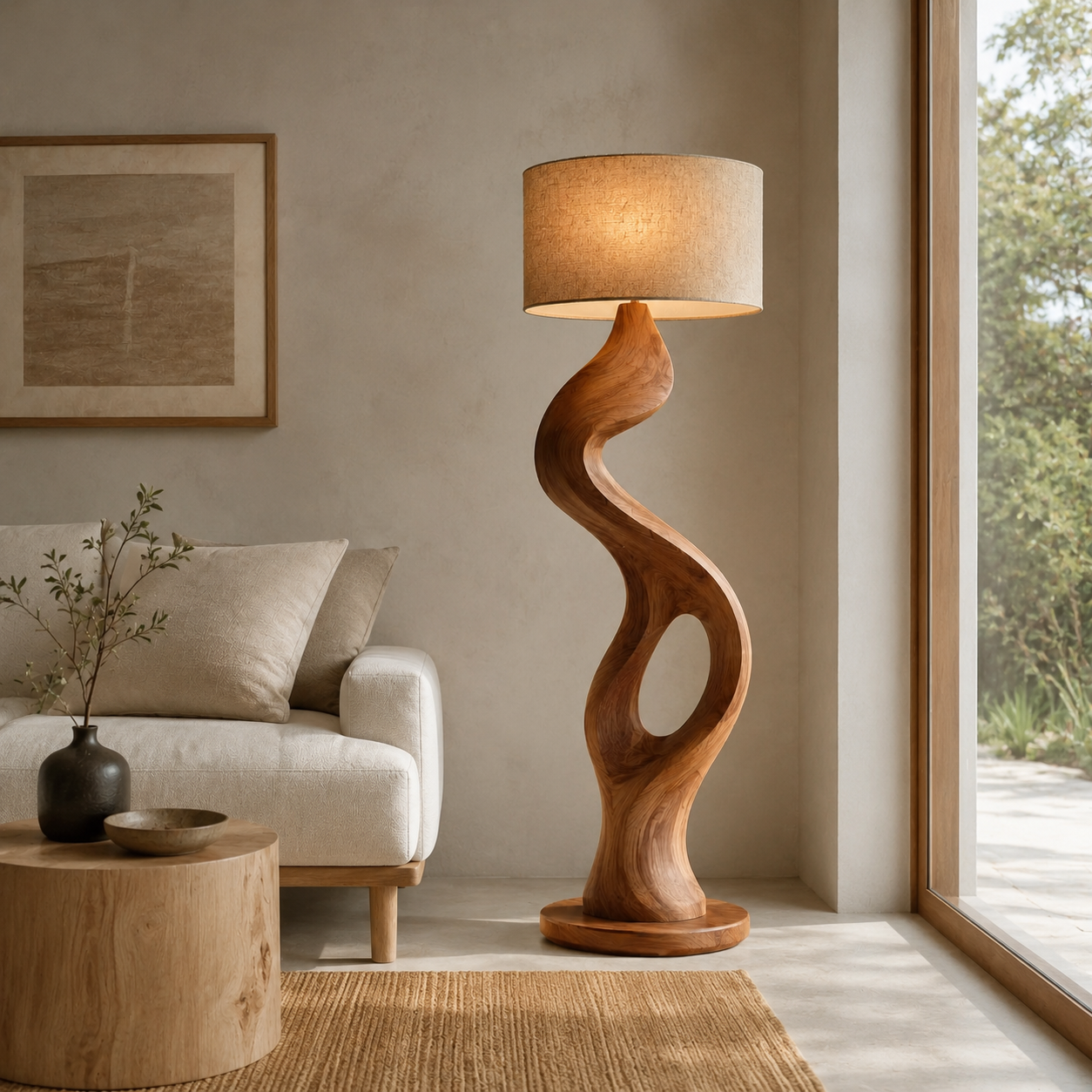 Sculptural Wood Floor Lamp – Solid Wood Standing Lamp for Living Room Decor