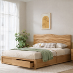 Solid Wood Bed Frame with Sculpted Wave Headboard – Organic Design