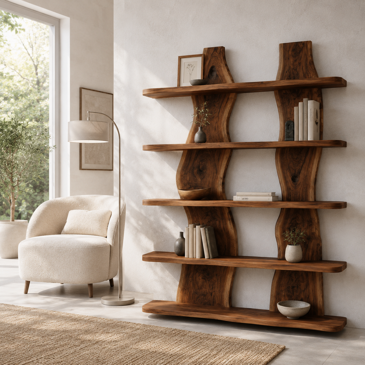 Wave Wood Bookshelf – Solid Wood Display Shelf for Living Room Decor