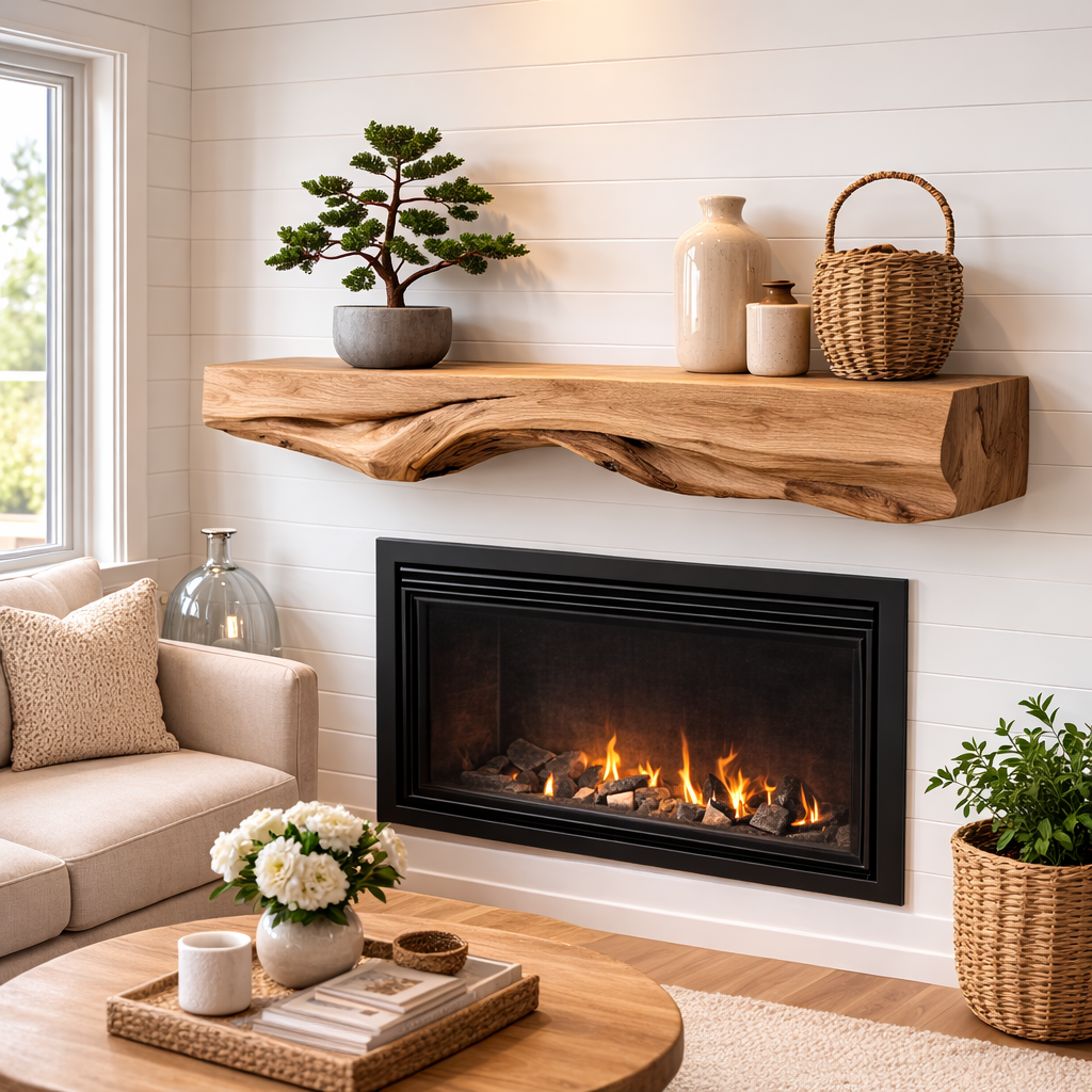 Live Edge Mantel Shelf – Rustic Solid Wood Floating Fireplace Shelf