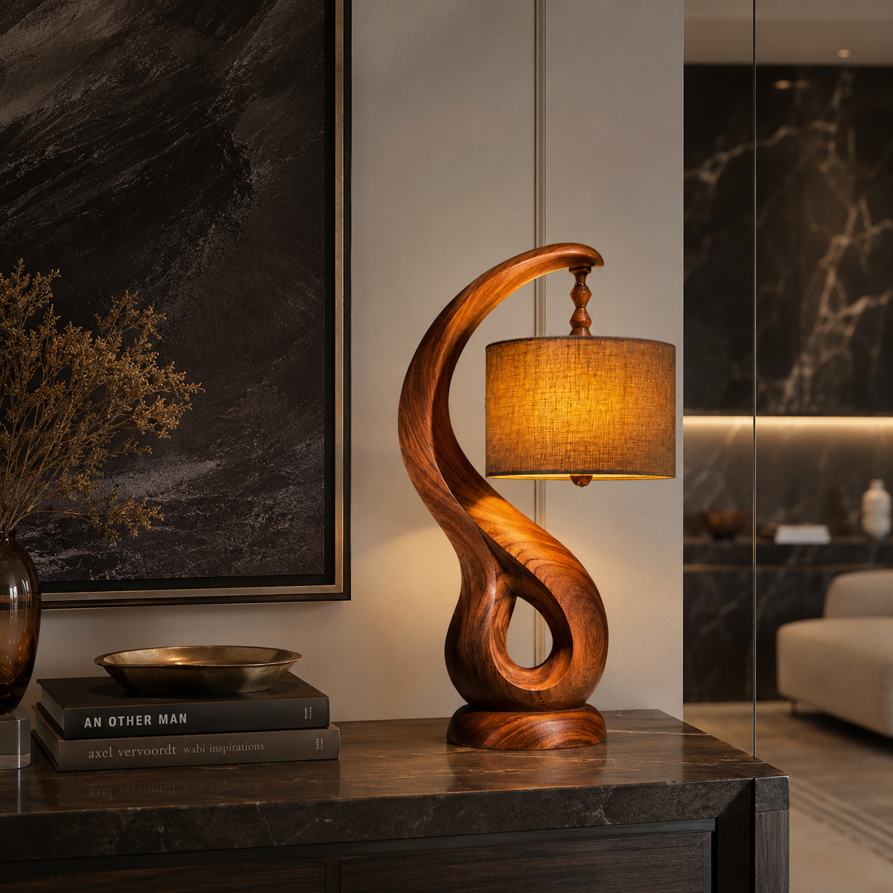 Sculptural Wood Table Lamp – Solid Wood Bedside Lamp for Living Room Decor