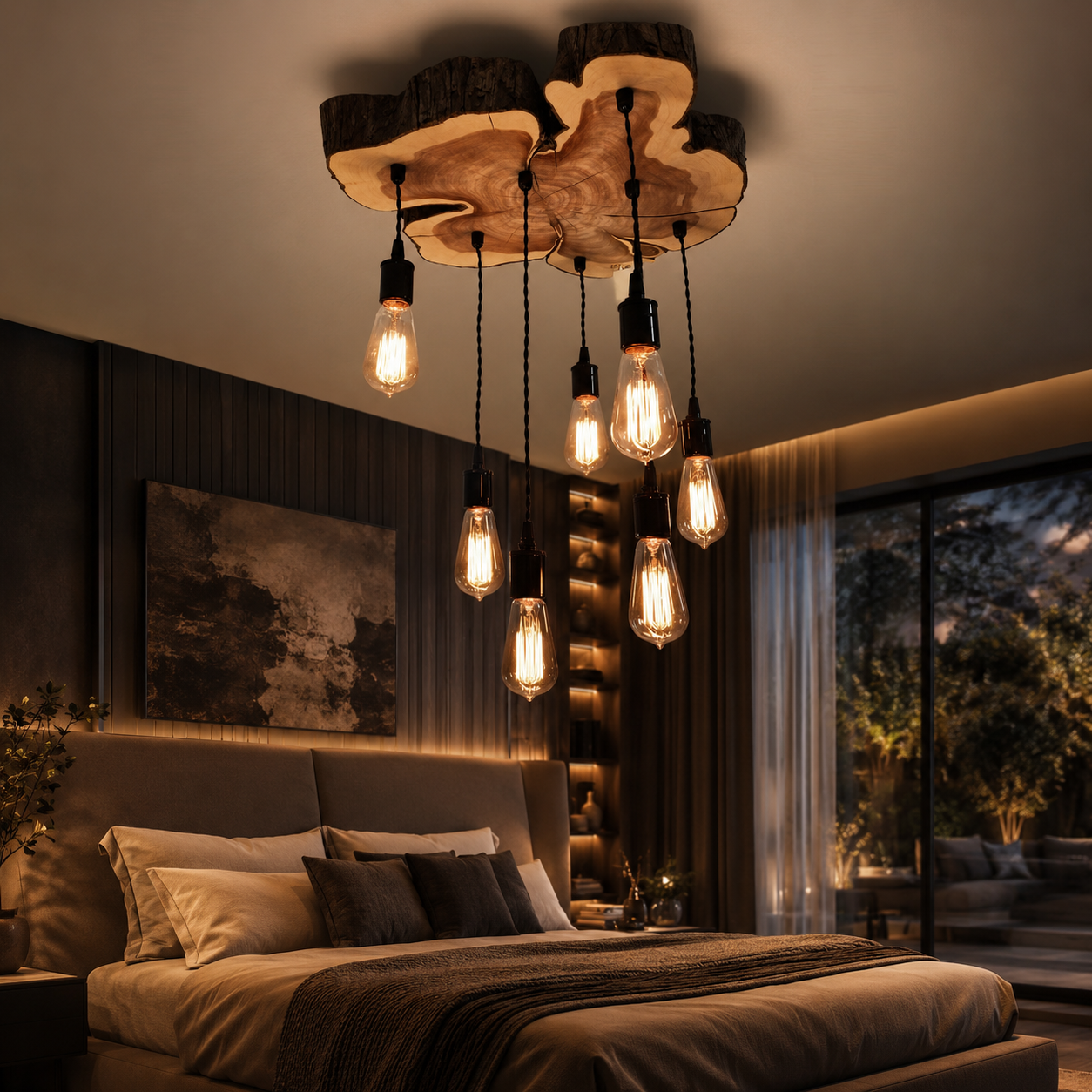 Wood Pendant Light – Solid Wood Ceiling Lamp with Hanging Bulbs