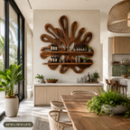 Sculptural Wood Wall Bar Shelf – Solid Wood Wine Display Shelf for Dining Room Decor