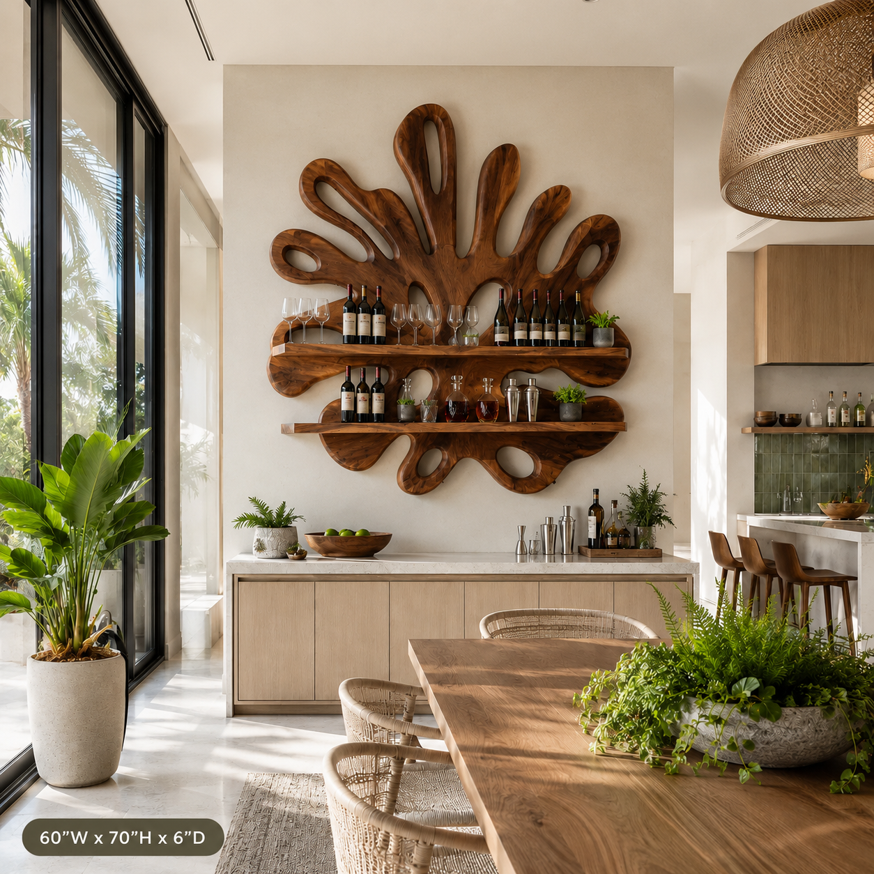 Sculptural Wood Wall Bar Shelf – Solid Wood Wine Display Shelf for Dining Room Decor